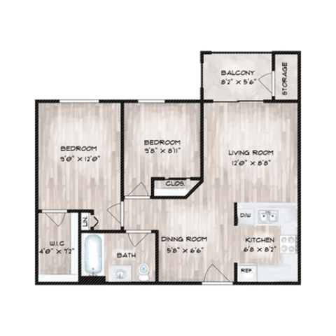 Floor plan for 2 beds, 1 bath, 740 sqft